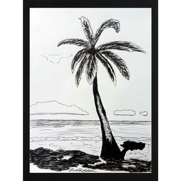 Palm Tree Ocean Florida Landscape Scene 9x12 Inch OOAK Original Ink Drawing - Picture 1 of 4